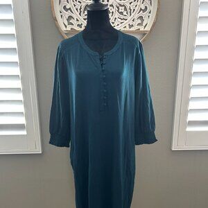 J. Jill Smocked Henley Dress Button Crew Neck Dark Teal Relaxed Easy Wear Sz XL